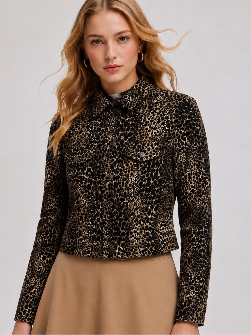 NEW Villager Sport Womens Leopard Print Cropped Denim Jacket Button Front Size